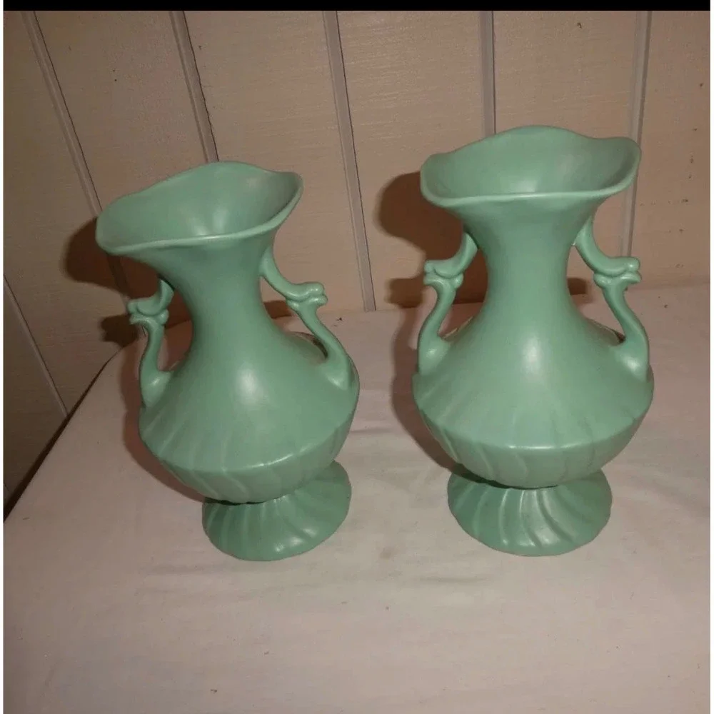 VTG Weller Pottery Wild Rose Green Matte Twin-Handled Vase –$62 Ea - 2 Avail